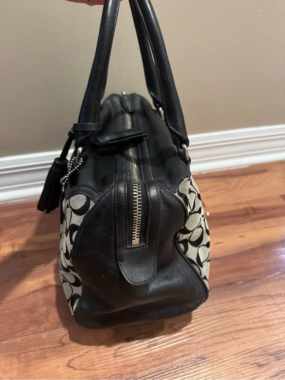 Coach Signature Canvas Satchel in Black and Ivory with Tassel